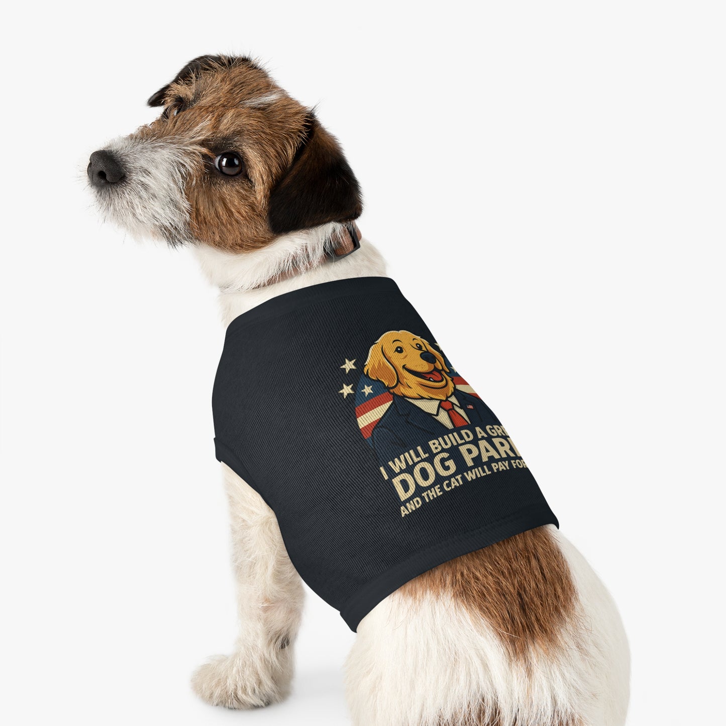 Funny Political Dog Tank Top – “I Will Build a Great Dog Park and the Cat Will Pay for It” Patriotic Pet Shirt