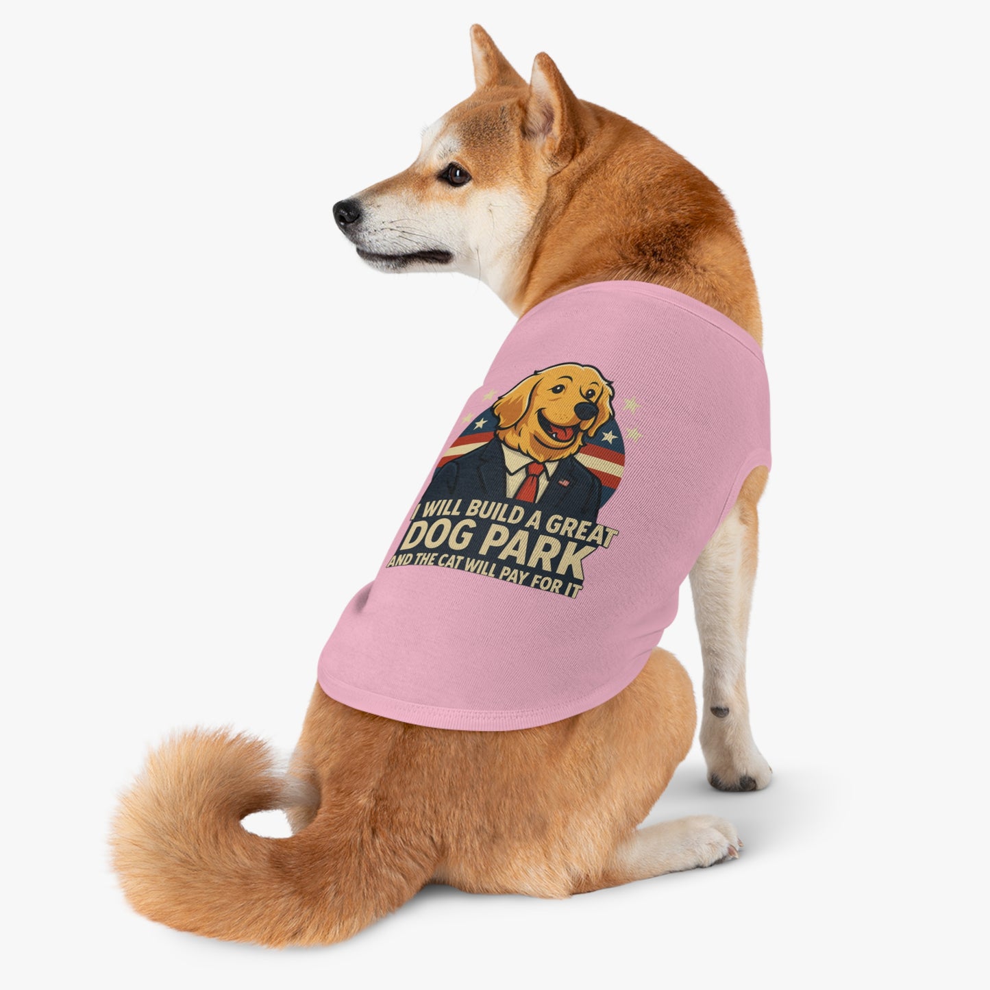 Funny Political Dog Tank Top – “I Will Build a Great Dog Park and the Cat Will Pay for It” Patriotic Pet Shirt