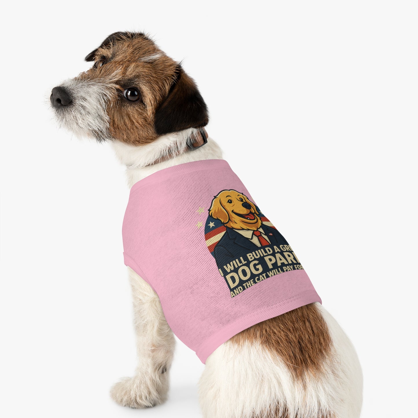 Funny Political Dog Tank Top – “I Will Build a Great Dog Park and the Cat Will Pay for It” Patriotic Pet Shirt