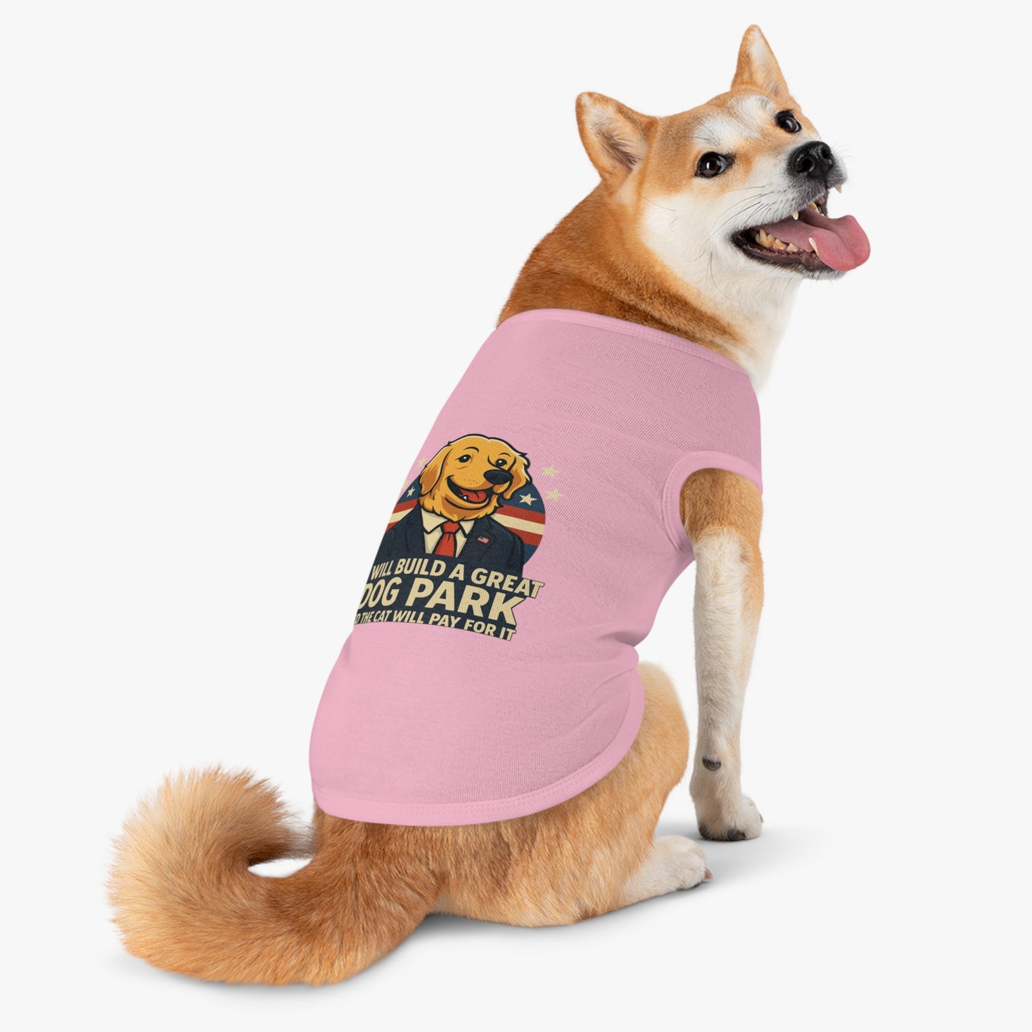 Funny Political Dog Tank Top – “I Will Build a Great Dog Park and the Cat Will Pay for It” Patriotic Pet Shirt