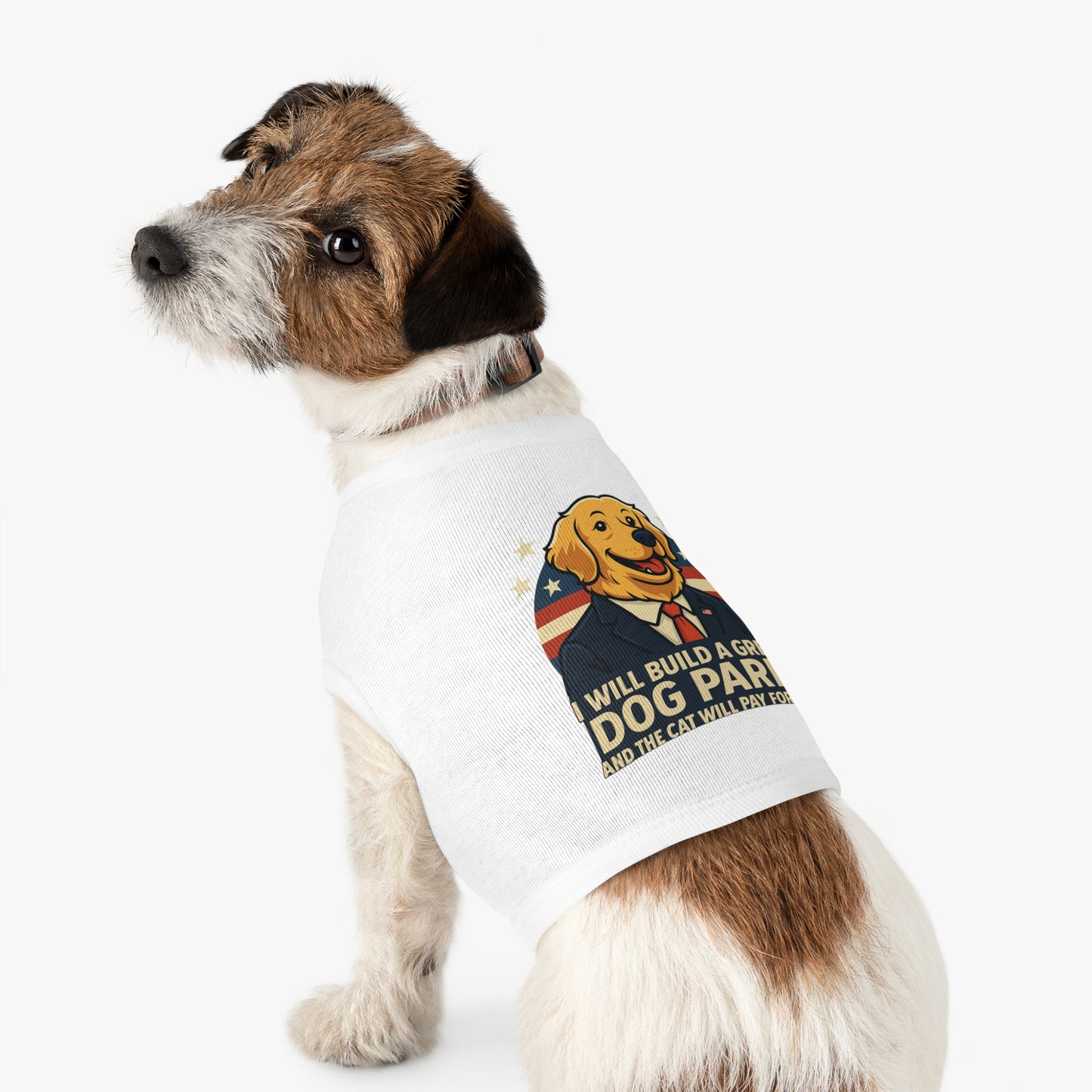 Funny Political Dog Tank Top – “I Will Build a Great Dog Park and the Cat Will Pay for It” Patriotic Pet Shirt