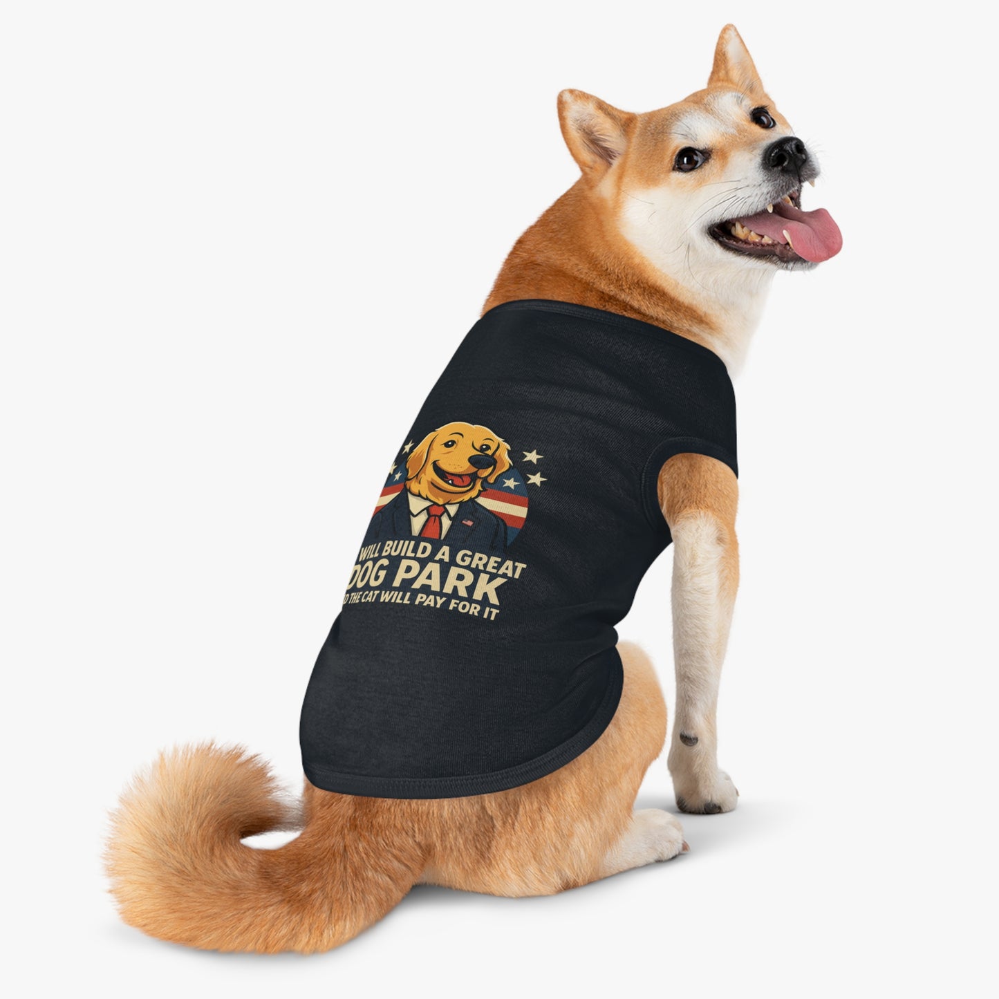 Funny Political Dog Tank Top – “I Will Build a Great Dog Park and the Cat Will Pay for It” Patriotic Pet Shirt