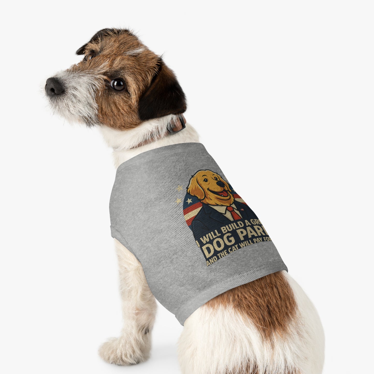 Funny Political Dog Tank Top – “I Will Build a Great Dog Park and the Cat Will Pay for It” Patriotic Pet Shirt